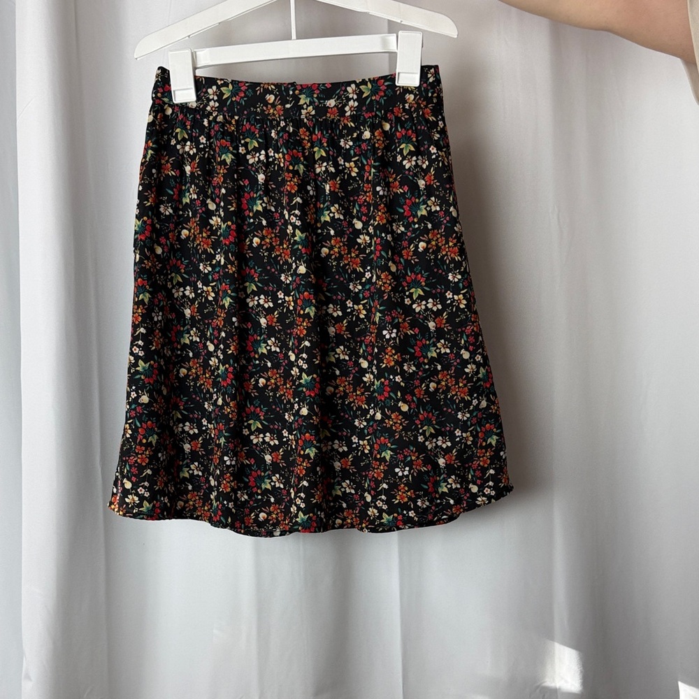J. Crew Factory Black Floral A-Line Skirt with Red, Green, Cream Accents